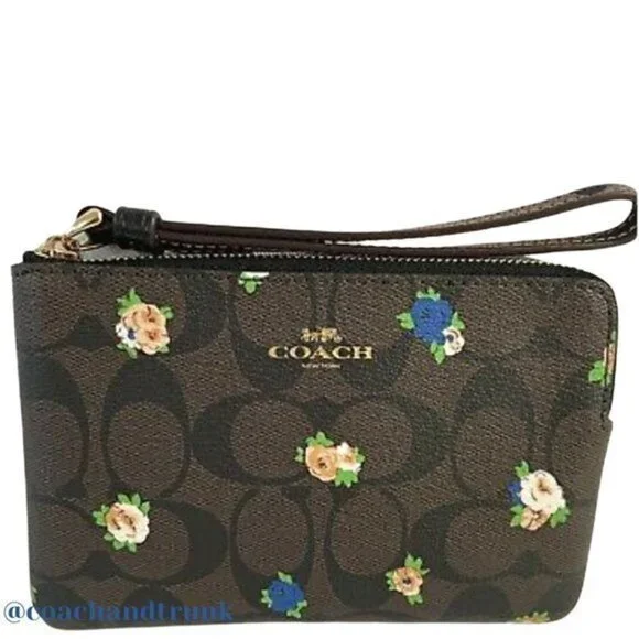 COACH Wristlet Dark Brown Classic C with Vintage Mini Rose Print Gold Accents - Picture 5 of 8